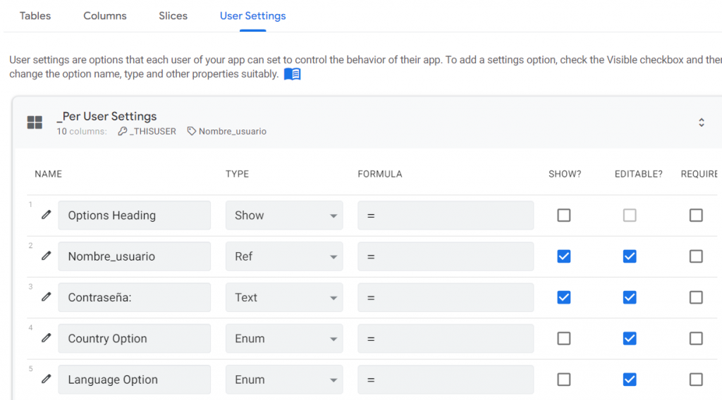 crear un login de usuarios con user settings